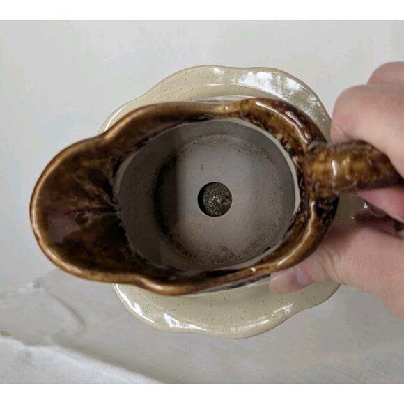 Brown Beige Glazed Pottery Small Planter Pitcher With Attached Saucer 5" x 5" - Picture 5 of 9